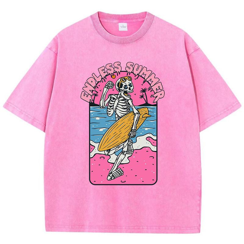 Fashion Women Cotton Washed T-Shirt Endless Summer Skull Surfing Printing Short Sleeve Casual Loose Tee Shirt Vintage Clothes