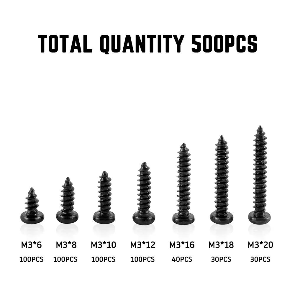 500/340/200PCS M3 Screw Cross Head M3/M4/M3.5/M4.8 Self Tapping Screw Black Carbon Steel Pan Head Round Head Screw Combination