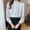 Elegant Solid Office Ladies Satin Casual Shirt Women Long Sleeve Tops Stand Collar Beading White Blouses Women Korean Style Slim Simple Blouse 26070