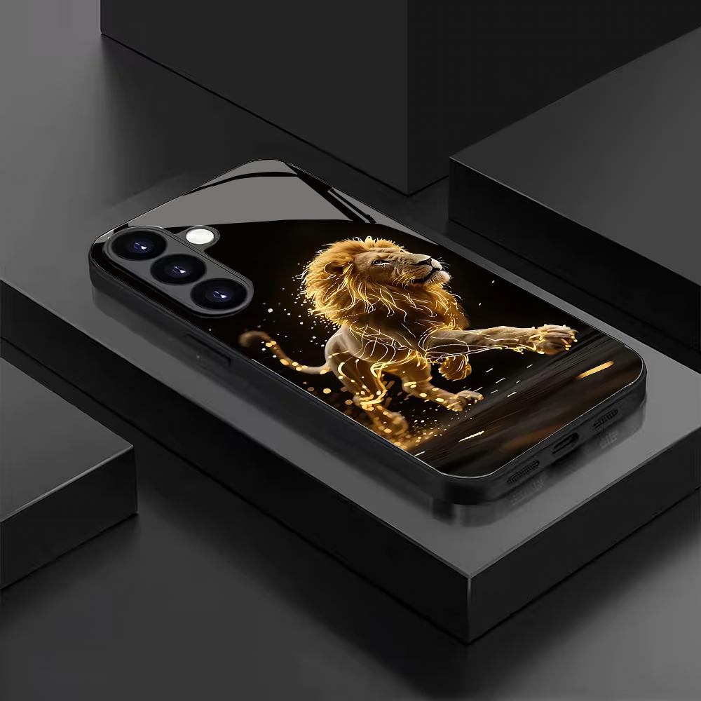 Чехол для телефона из закаленного стекла «Золотой лев» подходит для Samsung Galaxy S26 S25 S24 S23 S22 S20 FE/Ultra/Plus противоударная задняя крышка