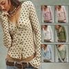 Женский укороченный вязаный кардиган в горошек с V-образным вырезом, кружевной оборкой и длинными рукавами