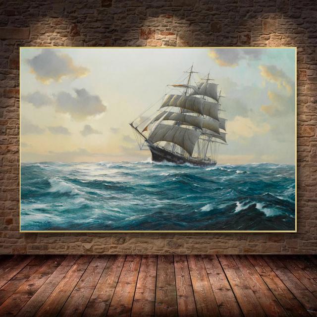 Винтажный Парусный Корабль Морской Пейзаж Холст Картина Плакат Корабль Фрески Печатает Волну Настенные Художественные Фотографии для Гостиной Домашний Декор