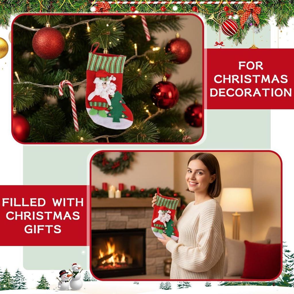 Set of 4 Christmas Decorations Stockings 2 Size Santa, Snowman, Reindeer Socks Hangings Christmas Tree Decoration Items Gifts Stocking Set