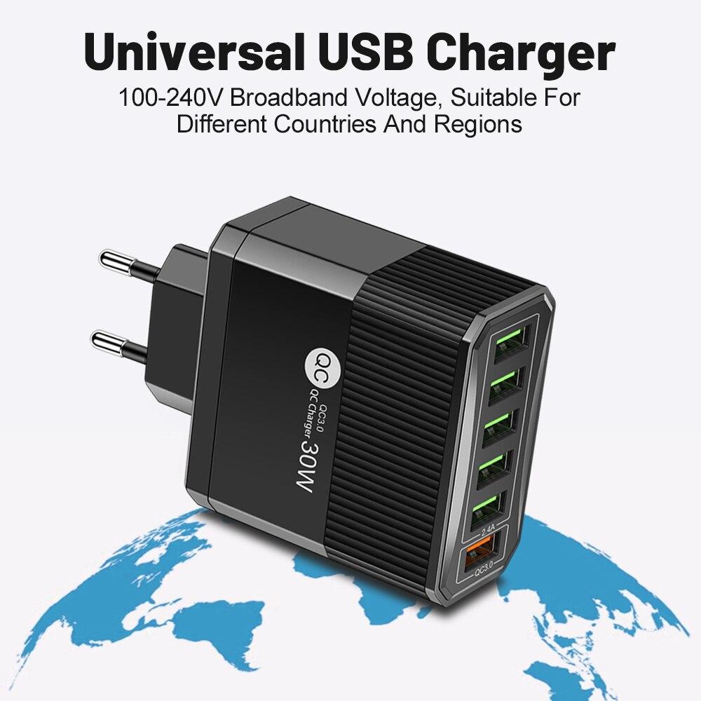 30W USB Charger 6 Ports Fast Charging Phone Travel Charger QC3.0 USB Phone Charger Adapter For iPhone Xiaomi Samsung EU/KR Plug