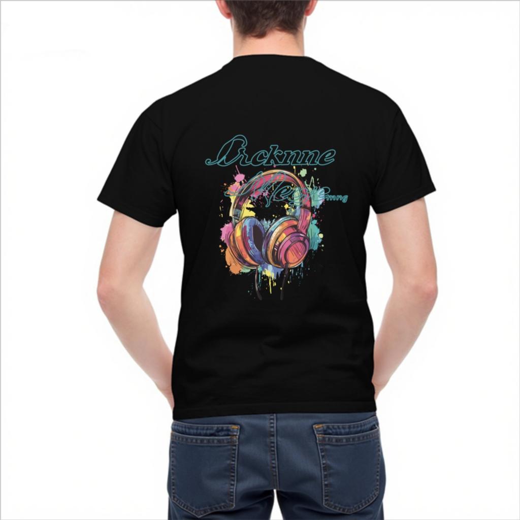 Colorful Watercolor Headphones Graphic Print Men's Casual Cotton Short Sleeve T-Shirt Daily Wea