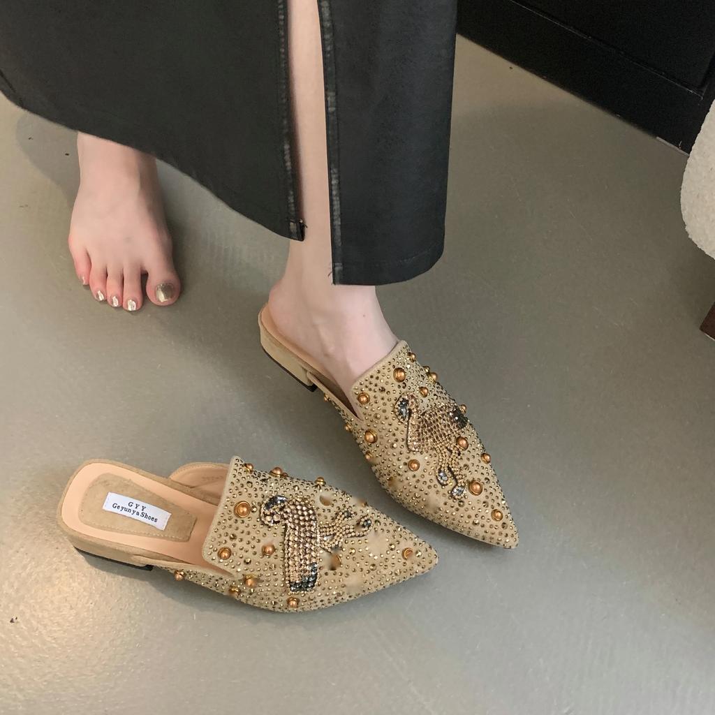 Осенние модные женские тапочки на среднем каблуке с острым носком, замшевые, со стразами, заклепками, тапочки на толстом каблуке, верхняя обувь