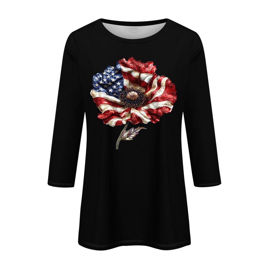 3/4 Sleeve Tops For Women T-Shirt Casual Print Tops T Shirt Round Neck Pullover Blouse