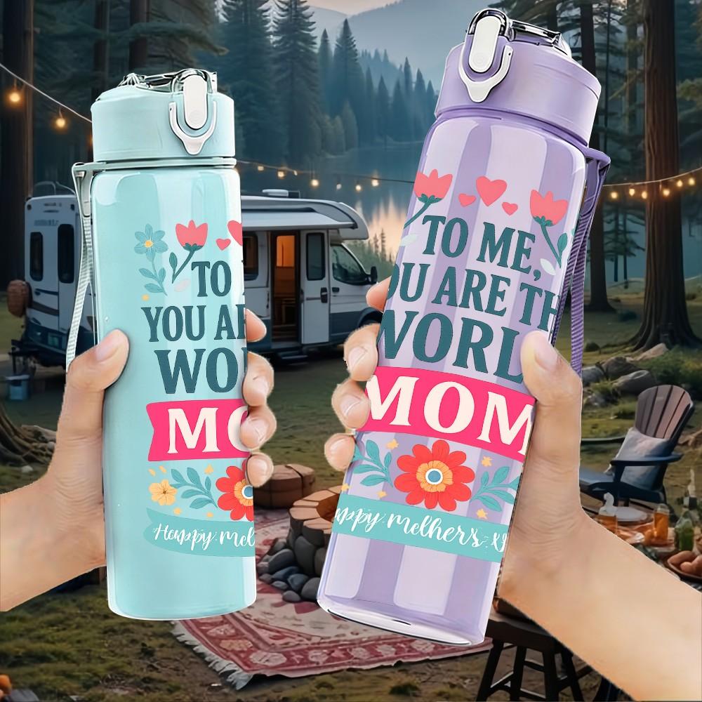 1PC You Are My World Mom Text Pattern 750ml Color Plastic Sports Water Bottle Leakproof Flip Straw Lid Suitable for Sports Office Home Use