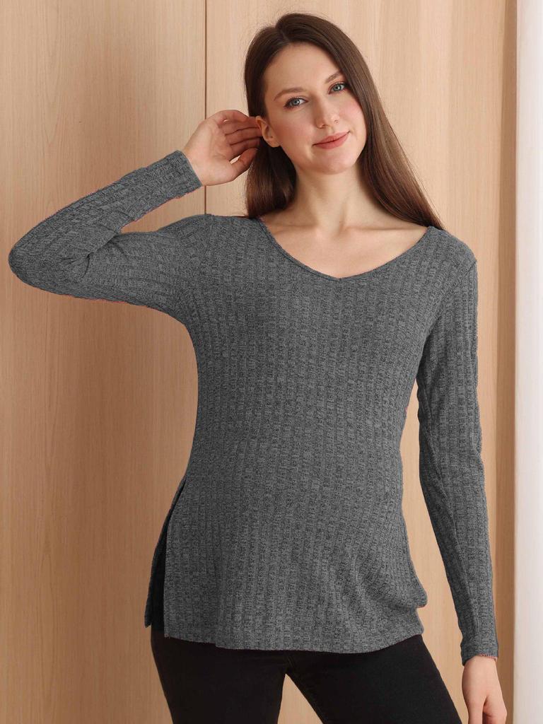 Новый бархатный топ с V-образным вырезом для беременных с разрезами - Однотонный, с длинным рукавом.