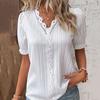 Women Top Solid Color Hollow Out Short Sleeve V-neck Shirring Daily