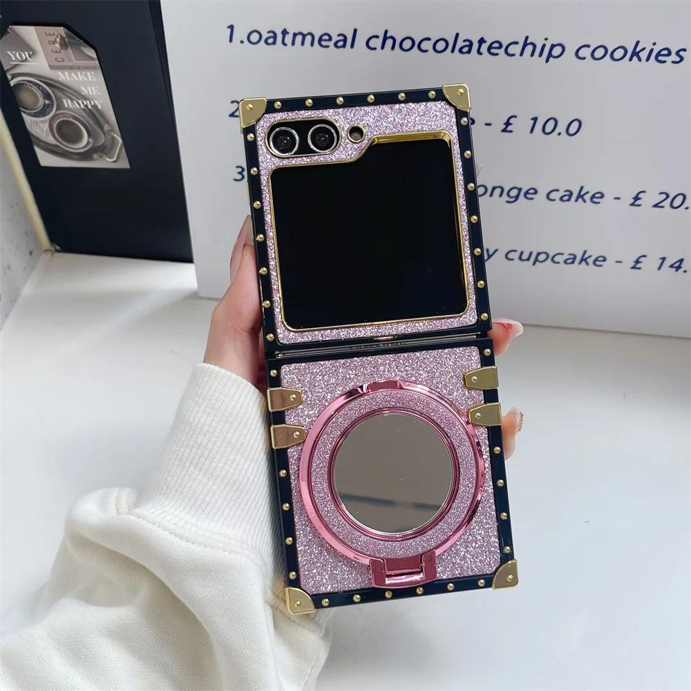 Блестящий милый девчачий чехол для телефона с зеркалом и магнитной подставкой-держателем для Samsung Galaxy Z Flip 6 5 4 3 5G, задняя крышка