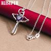 925 Sterling Silver Purple Zircon Angel Wings Heart-shaped Pendant Necklace Wedding Fashion Jewelry