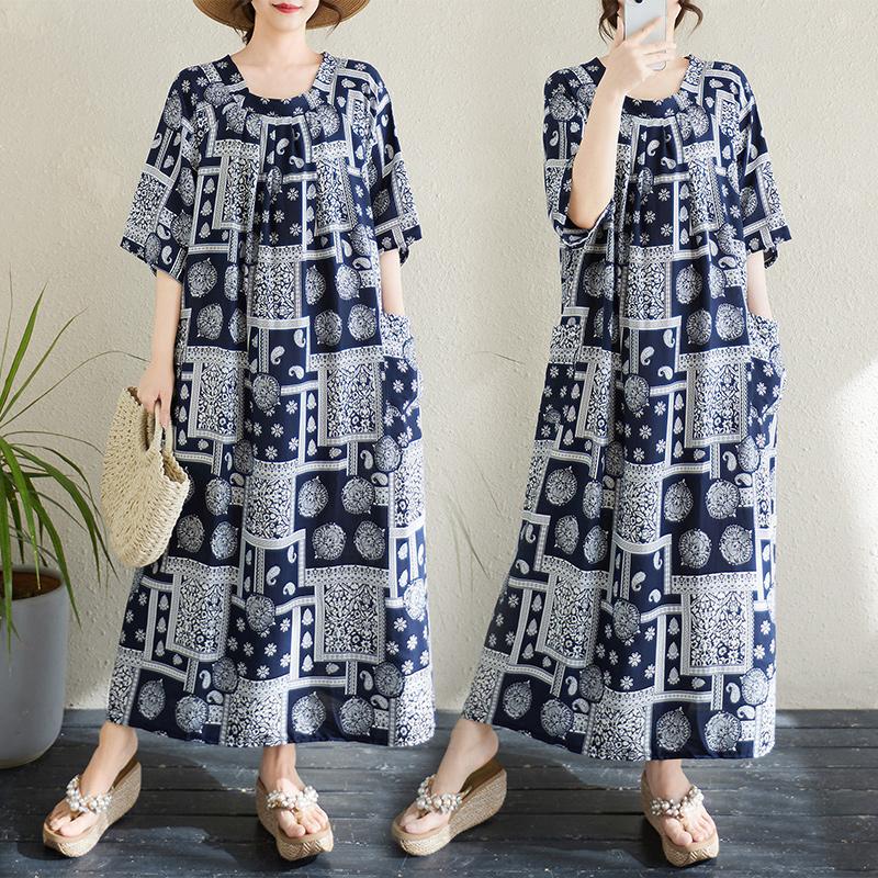 Dimanaf 2025 Новое летнее женское платье больших размеров с винтажным принтом Свободное базовое пляжное повседневное длинное платье