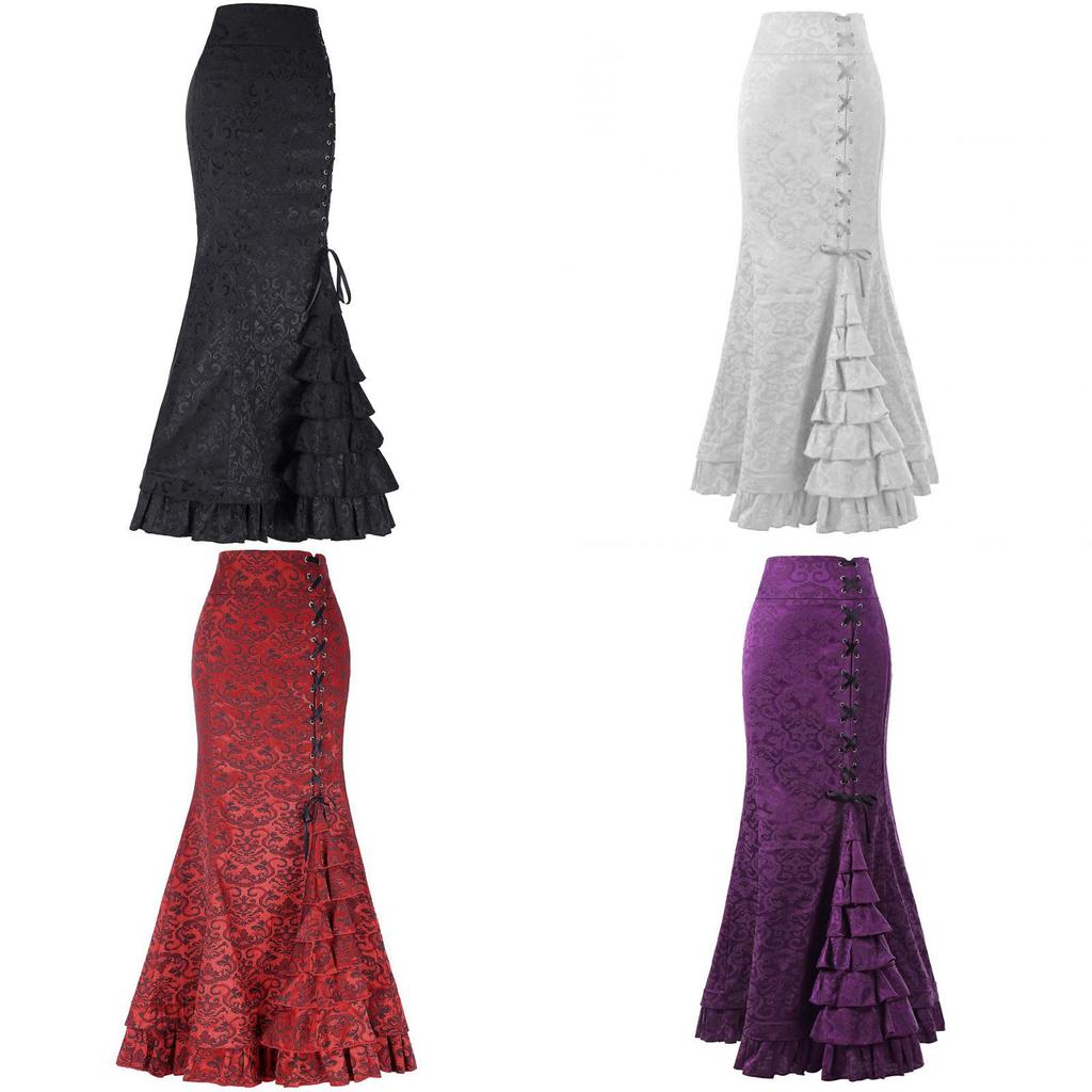 Gothic Halloween Long Skirt With Tapestry Fish Tail Design For Cosplay And Nightlife