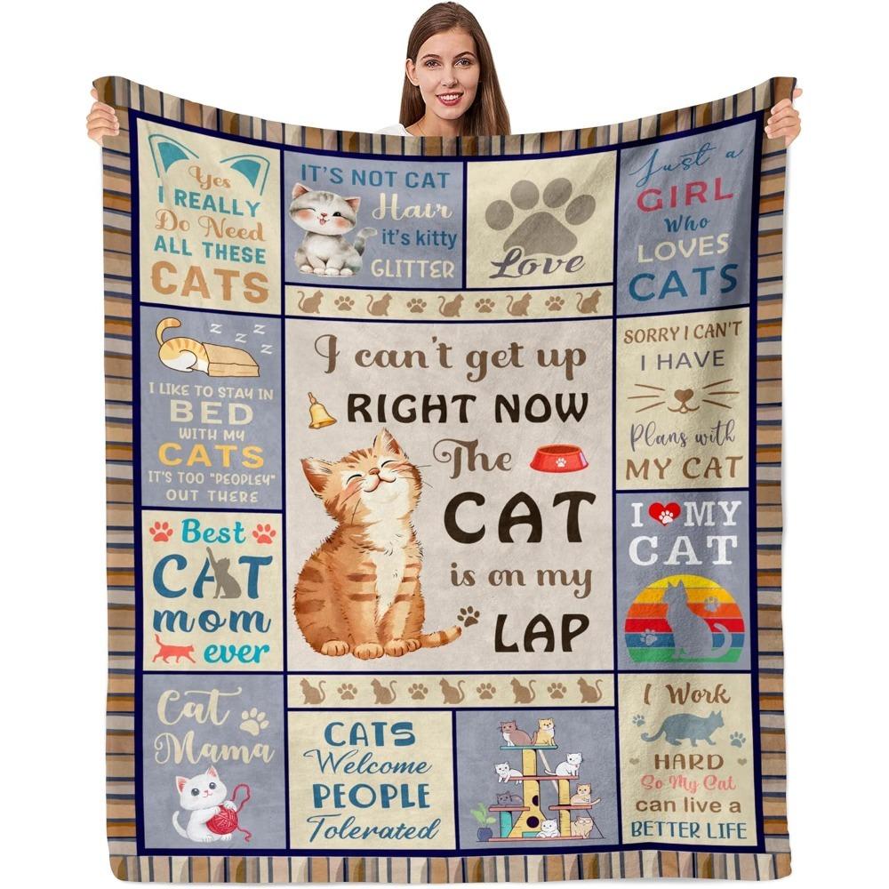 Cat Mama Patchwork Flannel Blanket Cute Kitten Cat Quote Print Soft Warm Throw Blanket Sofa Bedroom Pet Cat Lover Home Decor Gift