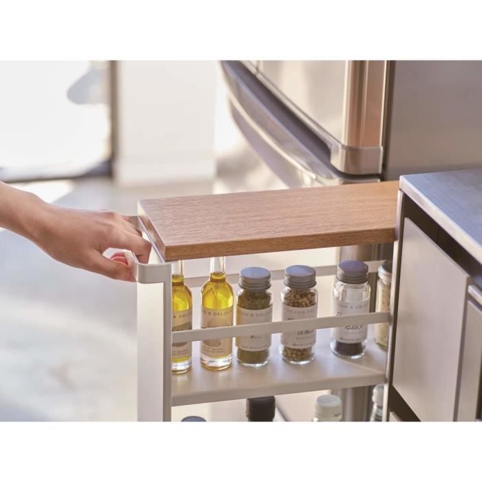 Chariot De Cuisine - YAMAZAKI - TOWER Blanc - 3 Niveaux - 4 Rôles - Étagère En Bois