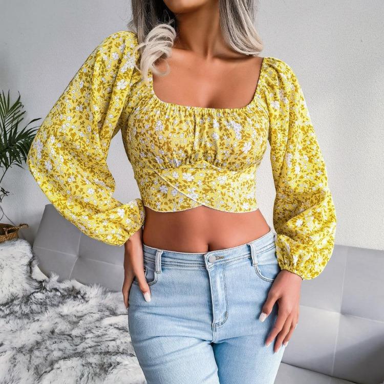 Spring Summer Floral Chiffon Crop Blouse Square Neck Lantern Sleeve Bow Resort Top S-XL