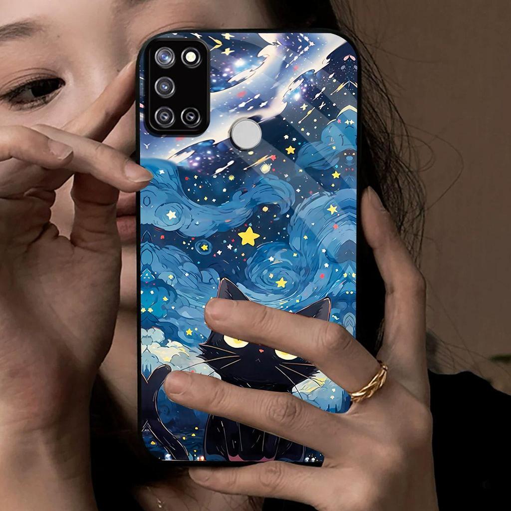 Чехол для realme C17 7i Аниме Черный Кот Звездное Облако Печать Чехол для Телефона Акриловая Жесткая Задняя Панель С Гибким Краем из ТПУ
