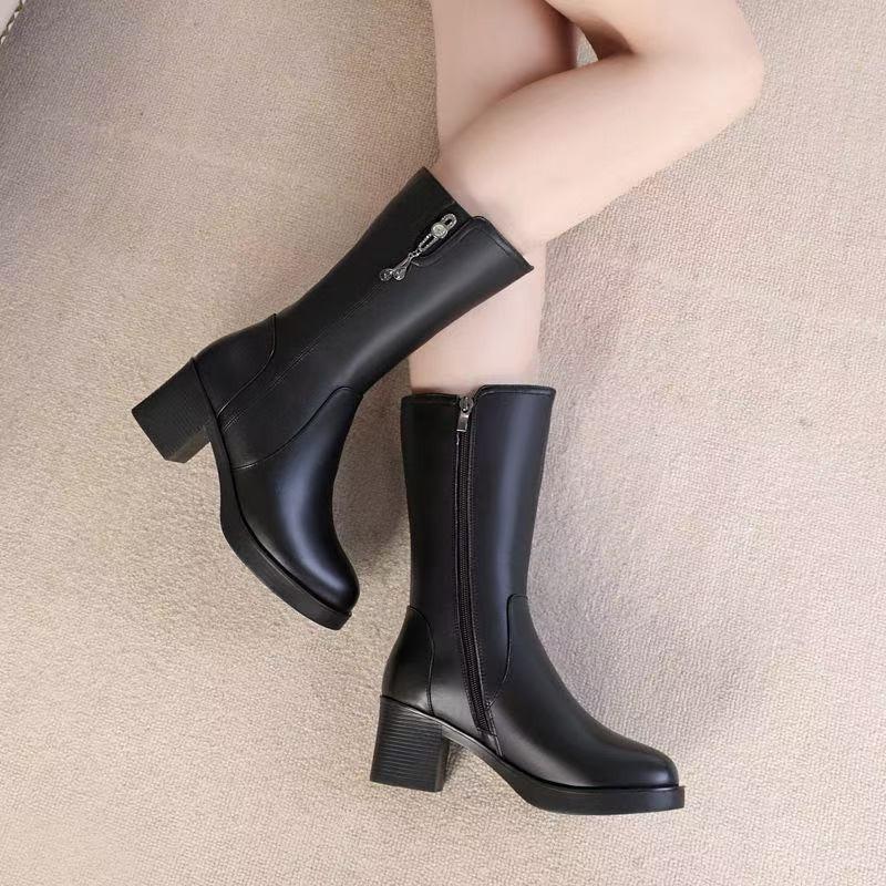 Winter New Cotton Boots Thick Heel High Boots Medium Shoes Velvet Warm Non-slip High Heel Fashion Leather Boots