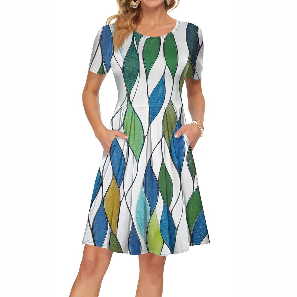 Женское платье с коротким рукавом, плиссированное, свободное, повседневное платье с карманами, платья длиной до колена