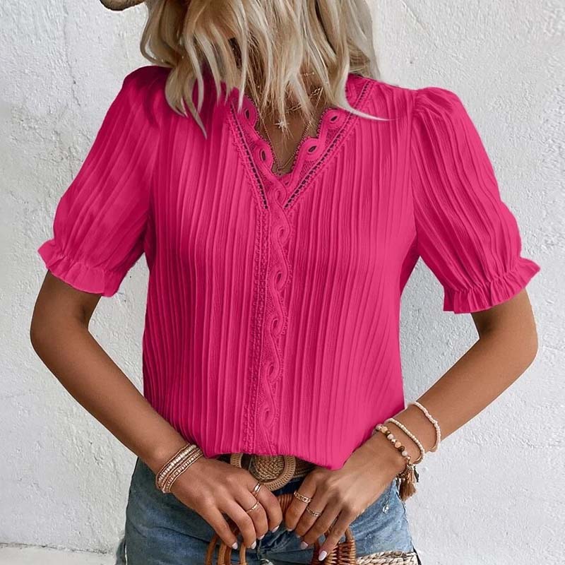 Летняя мода в вертикальную полоску, кружевная рубашка с v-образным вырезом, повседневная пышная блузка с коротким рукавом, женская элегантная верхняя одежда, милые блузки 27878