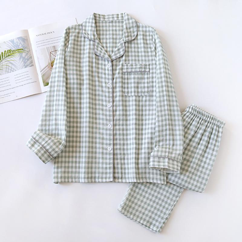 Spring/Summer Couple Pajama Set Cotton Double Layer Gauze Men's and Women's Japanese Plaid Set Long Sleeved