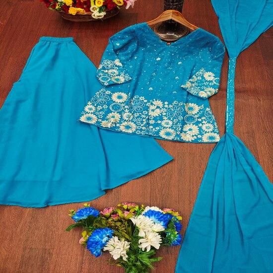 Teal Blue Sequin Embroidered Sharara Suit
