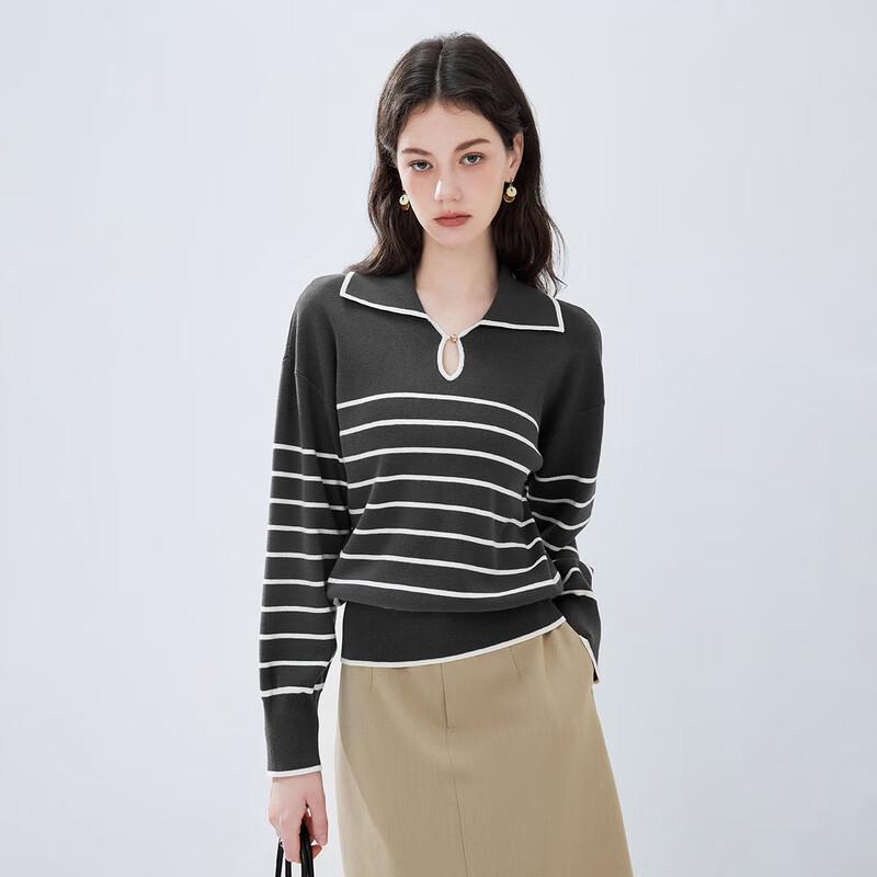 Qiushuiyiren Women's Striped Turn-Down Collar Knit Sweater