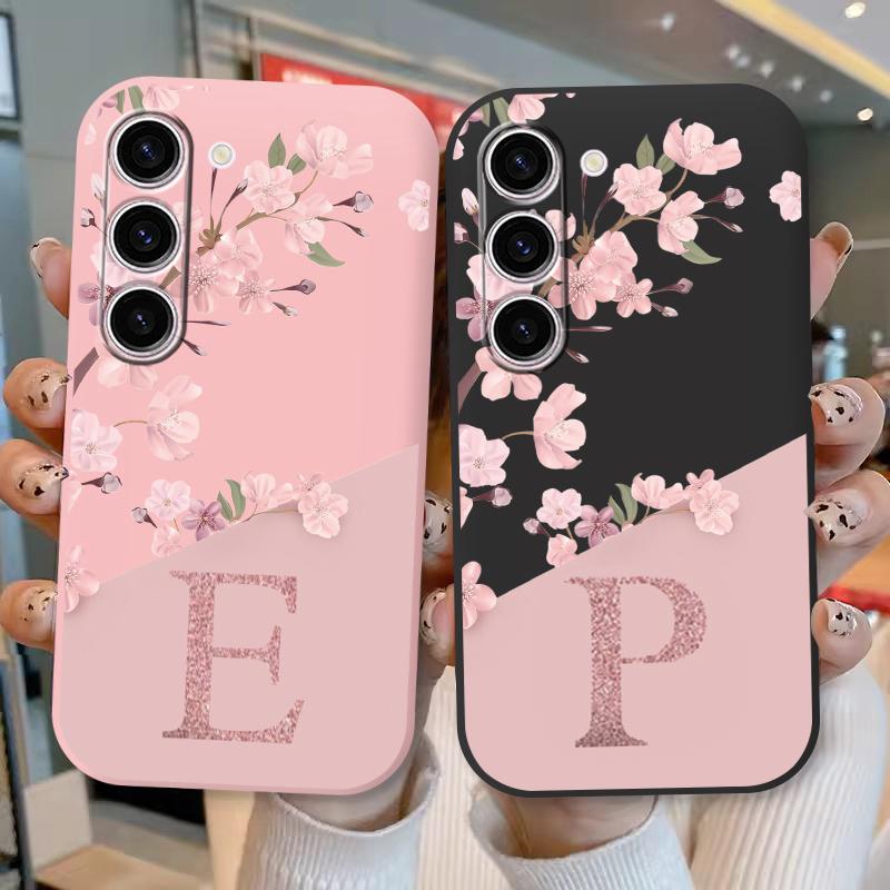 Initial Letter A Z Phone Case For Samsung Galaxy A55 A54 A56 A06 5G Cover Pink Flowers Soft Silicone Back Funda Coque TPU Bumper