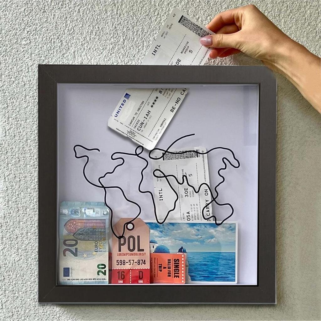 Yeria Journey   Memory Shadow Box with Ticket Slot 8x8 Inch Travel Keepsake Display Case with Map Holder
