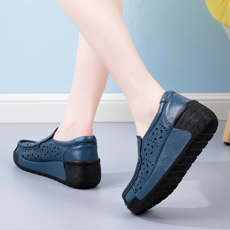 Ladies Platform Loafers Casual Elegant Black Cow Leather Women Summer Height Increase Thick Sole Shake Shoe