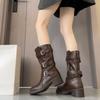 4/6 см увеличение высоты толстая подошва брючные ботинки женские осенние рыцарские ботинки детские длинные ботинки толстый каблук ремень с пряжкой средняя голень ботинки с присборенным голенищем