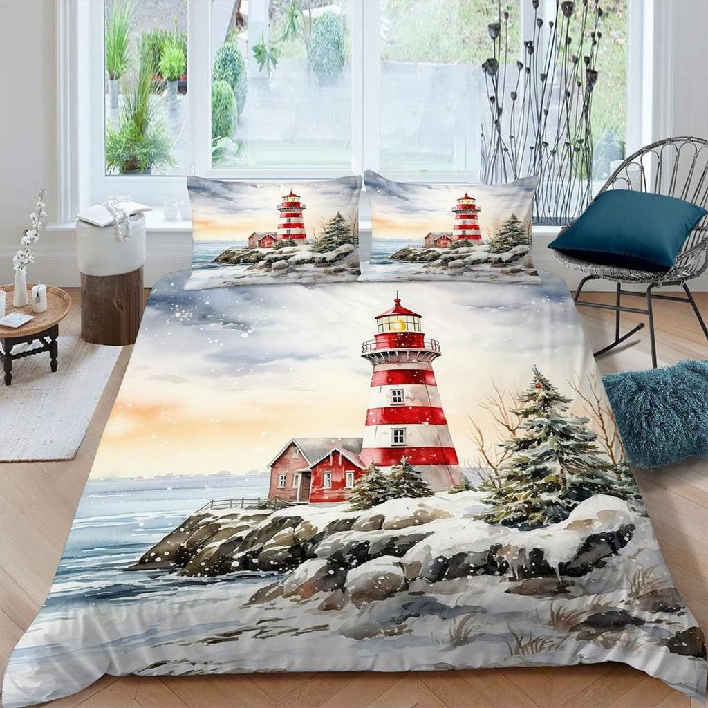 Nautical Comforter Cover Sailboat Lighthouse Duvet Cover Watercolor Ocean Themed Bedding Set Summer Beach Polyester Quilt Cover