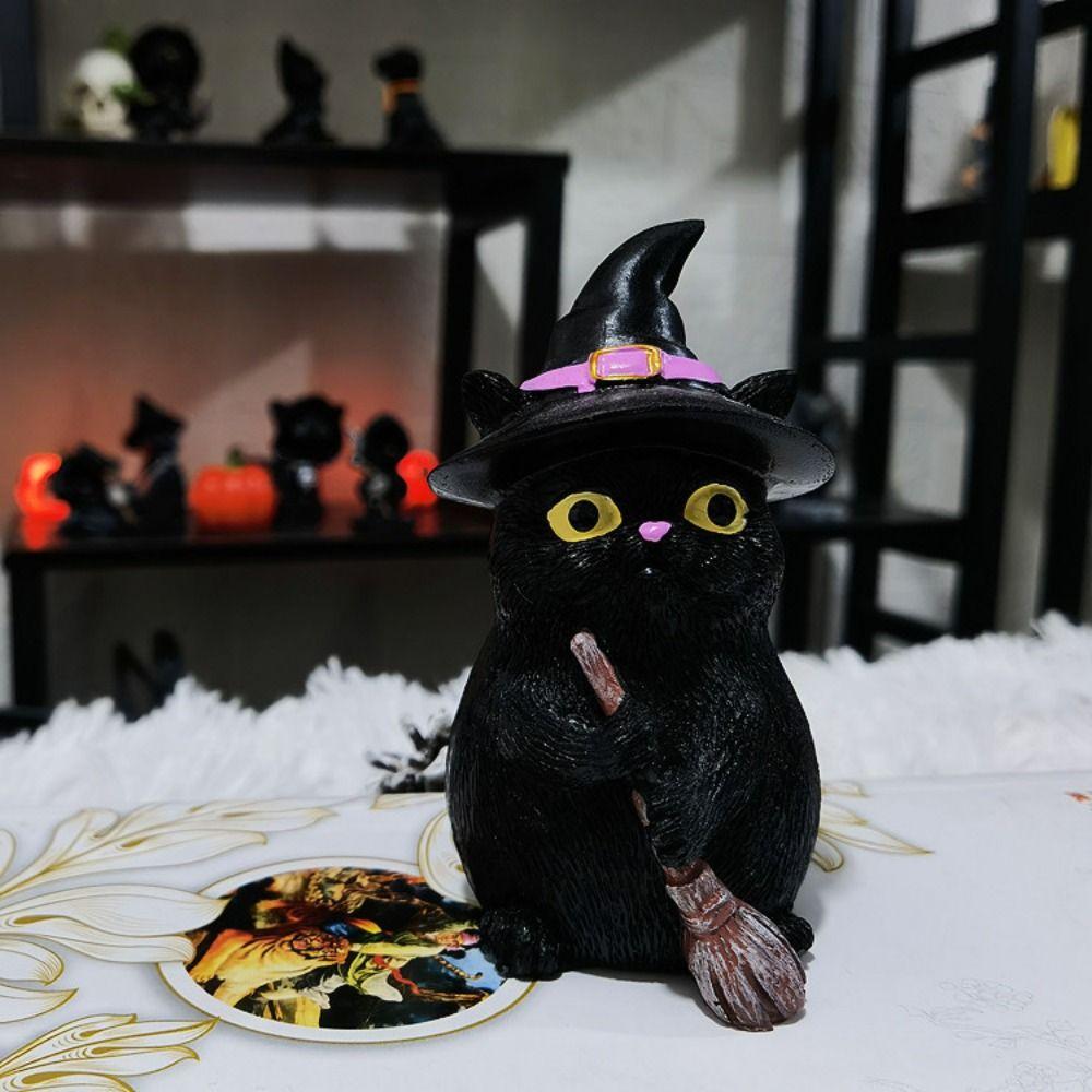 Resin Flying Broom Cat Small Broomstick Cat Creative Black Cat Witch Statue  Garden