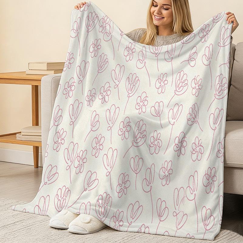 Soft Flannel Throw Blanket, Simple Floral Pattern, Skin-Friendly & Cozy, Bound Edge Sofa Cover, Home Decor for Relax, Ideal for Halloween & Christmas