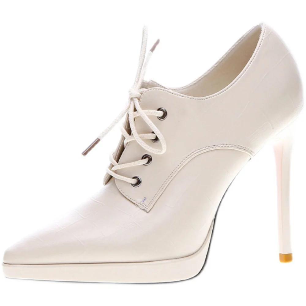 Женские ботинки из искусственной кожи на тонком высоком каблуке 10 см с острым носком, на шнуровке, в уличном стиле, в британском стиле, с перекрестными шнурками, женская обувь для вечеринок