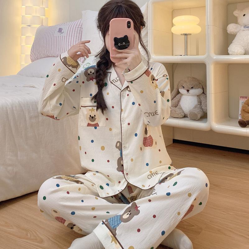 Color polka dot pajamas women's long-sleeved trousers spring and autumn cloud cotton suit casual cardigan simple loungewear