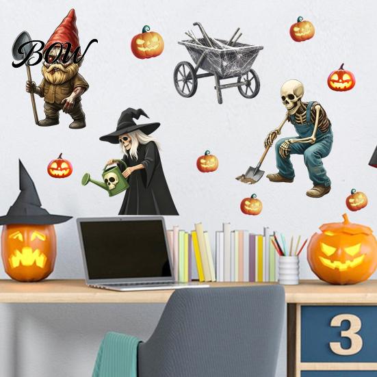 Spooky Farmhouse Party Decor Halloween Wall Sticker, Pumpkin Witch Skeleton Printed, Self-adhesive Waterproof Autumn Harvest Stickers PVC Decals, for