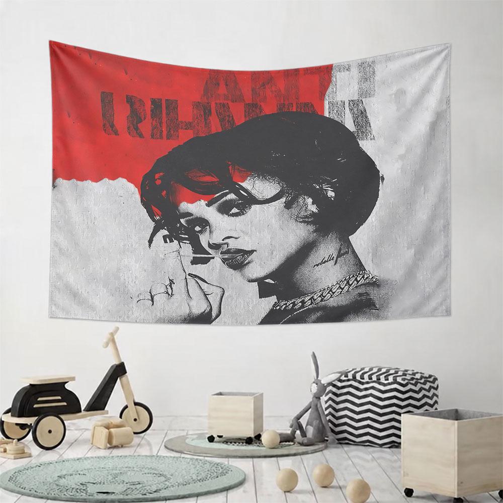 Portrait of a woman with red and white abstract background, bold text. Patterned tapestry for bedroom and living room home decor