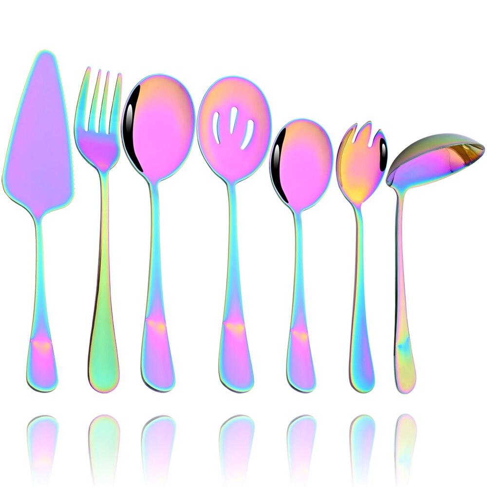 JANKNG Rainbow Tableware Stainless Steel Service Set Soup Spoon Salad Fork Cakecutter Dinnerware Set Dinner Kitchen Flatware Set