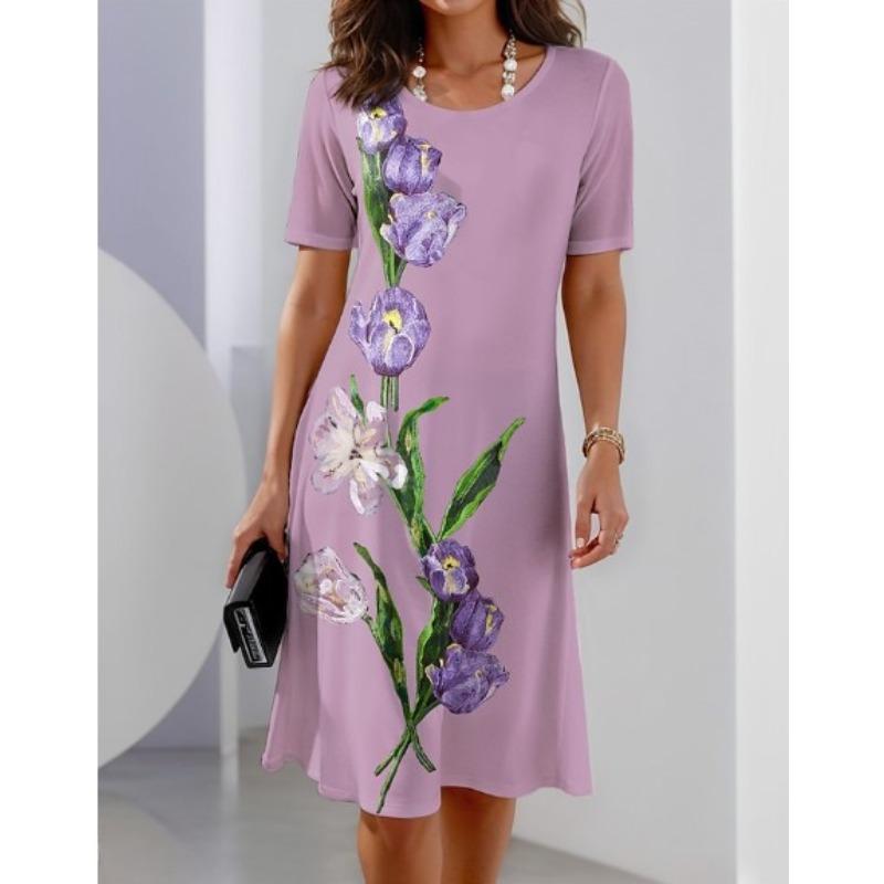 Women's Fashion Summer Spring Flower Pattern Print Short Sleeve O-Neck Casual Dresses