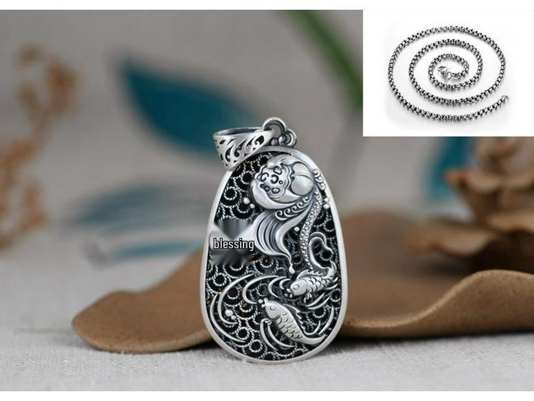 Полый кулон-капля с иероглифом Фу, карпом и лотосом - Ретро серебряная цепочка-свитер для женщин