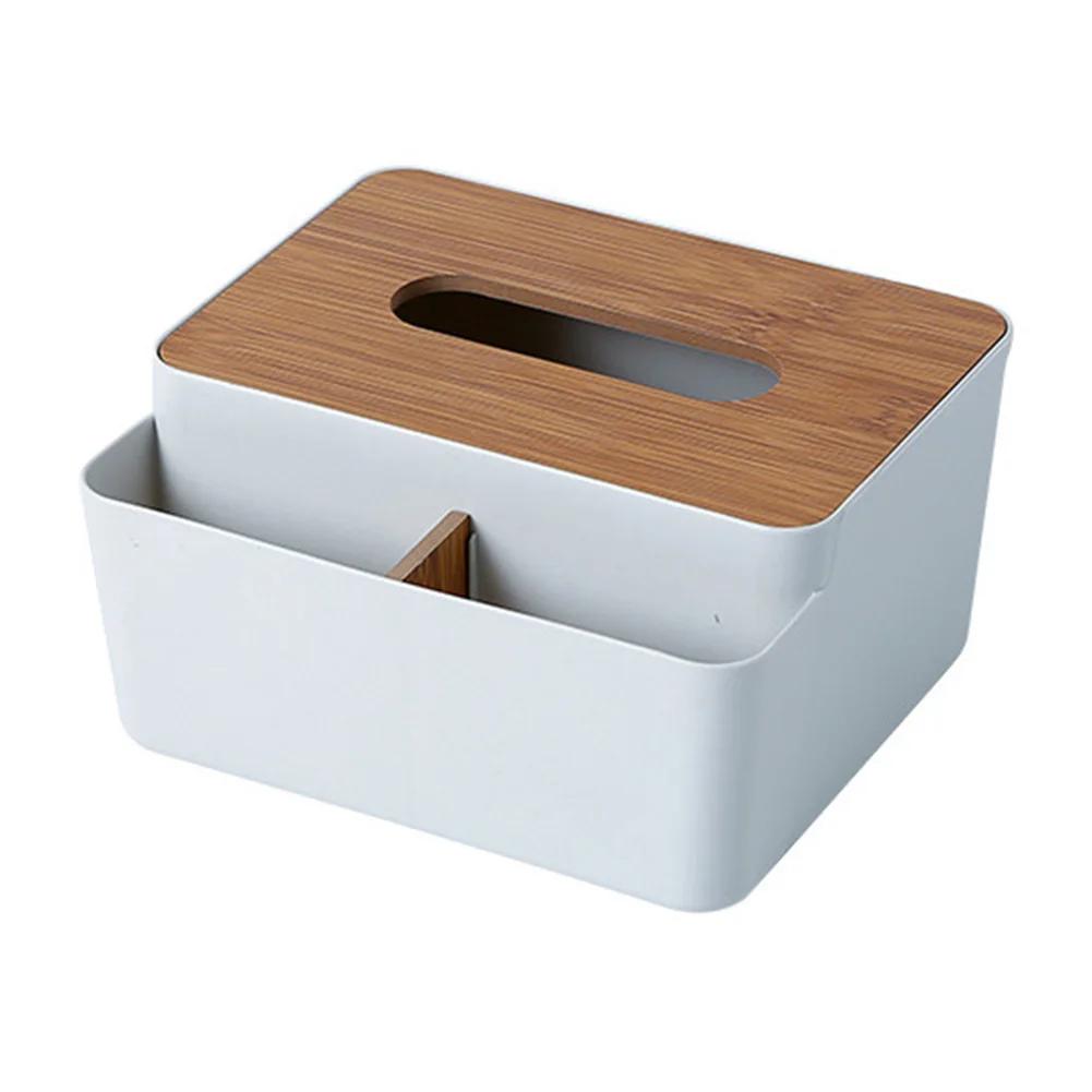 1pc Desktop Tissue Box with Wooden Cover Handkerchief Case Paper Storage Boxes Multifunction Household Kitchen Desktop Organizer
