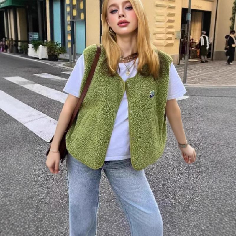 Women's Sleeveless Fur Vest Top, Fashionable Women's Spring and Autumn Loose Single Breasted Vest Jacket
