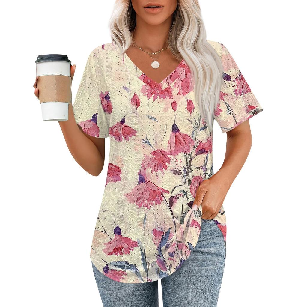 Womens T Shirts V Neck Short Sleeve Casual Tops Loose Fit Basic Tees With Curved Hem