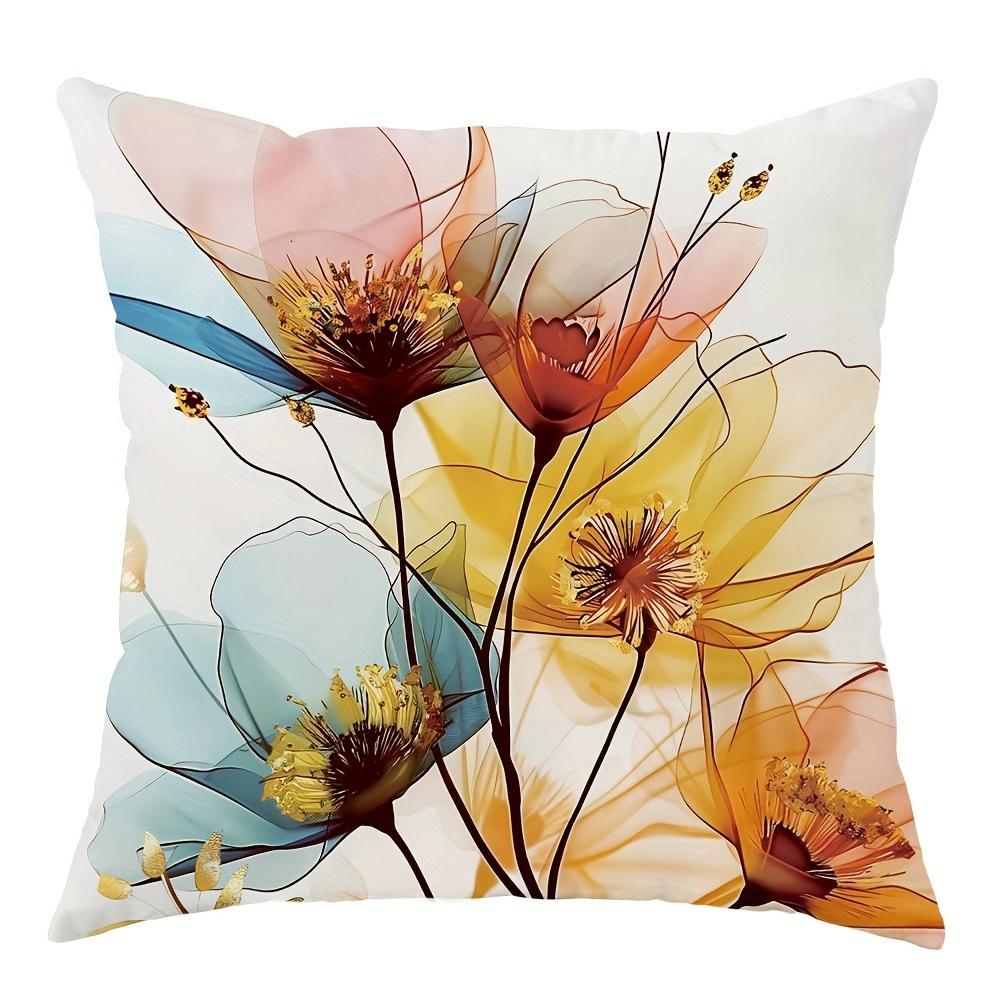 Spring Watercolor Yellow Blue Pink Flowers Pillowcasebedroom Sofa Decorative Cushion Cover With Zipper Soft Cushion Cover