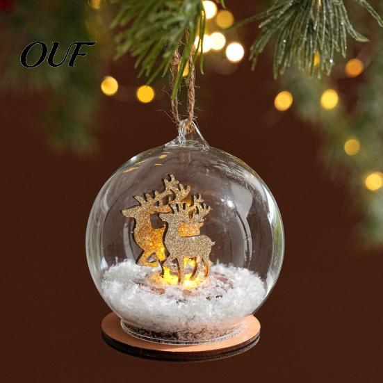LED Lit Christmas Keepsakes Lighted Glass Ball Ornament, Winter Snow Scene Tree Festive Accessories Hanging Bauble with Reindeer Cabin for Decorations
