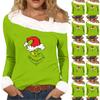 Women's Casual Fashion Sexy Off-Shoulder Collar Christmas Pattern Long Sleeve Crewneck T-Shirt Top
