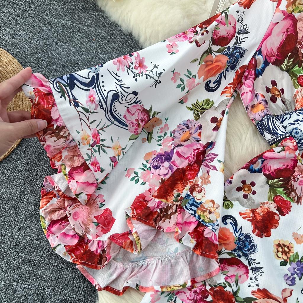 Весна Осень Женские Винтажные Принты V-образный вырез Расклешенные Рукава Длинные Макси Праздничные Пляжные Платья