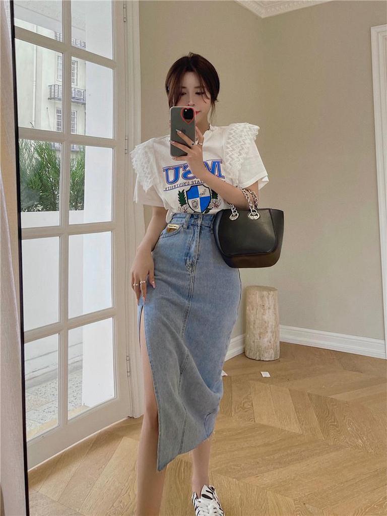 2021 Women's High Waist Slim Fit Denim Midi Skirt with Side Slit